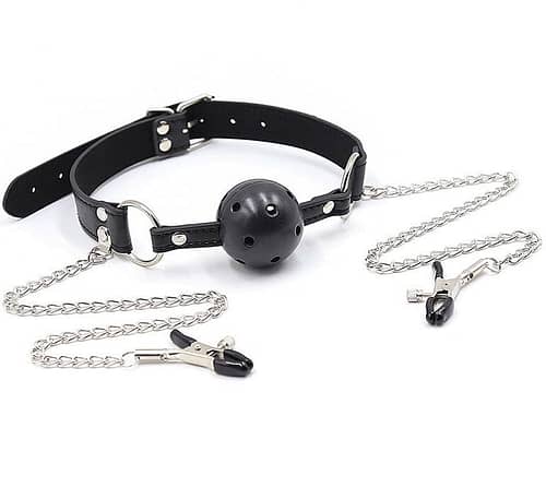 OHMAMA FETISH - BALL GAG MED VENTILATIONSÖPPNINGAR OCH BRÖSTVÅRTSKLÄMMOR
