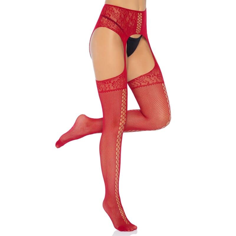 LEG AVENUE - LACE UP GARTERBELT STOCKINGS BURGUNDY ONE SIZE - Image 2