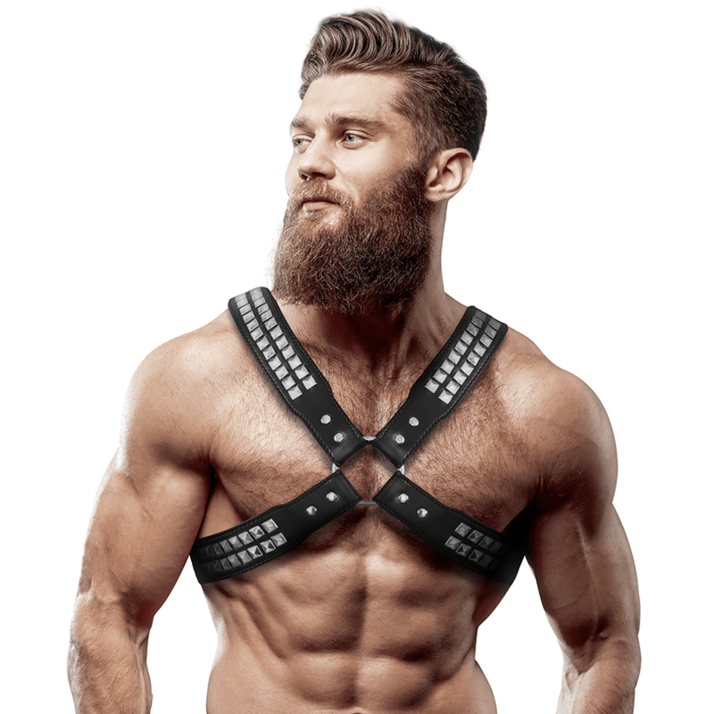 FETISH SUBMISSIVE ATTITUDE - MENS CROSSED CHEST ECO-LEATHER HARNESS WITH RIVETS
