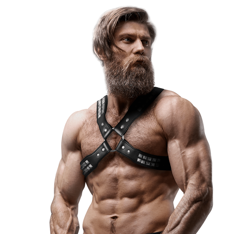 FETISH SUBMISSIVE ATTITUDE - MENS CROSSED CHEST ECO-LEATHER HARNESS WITH RIVETS - Image 3