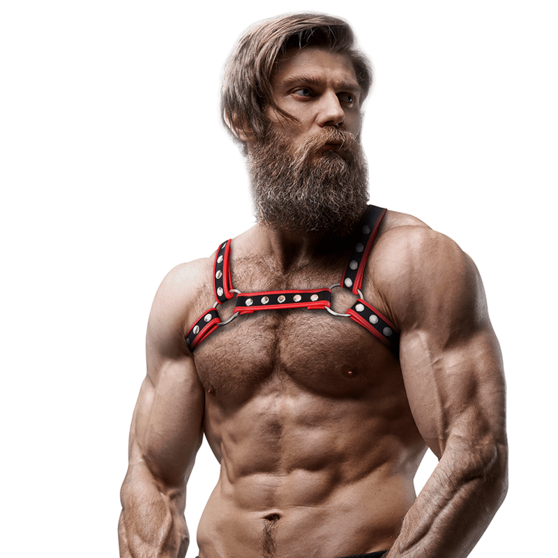 FETISH SUBMISSIVE ATTITUDE - MENS ECO-LEATHER CHEST BULLDOG HARNESS BLACK/RED - Image 3