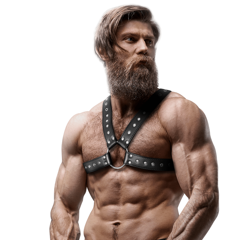 FETISH SUBMISSIVE ATTITUDE - MENS CROSS-OVER ECO-LEATHER CHEST HARNESS WITH STUDS - Image 3