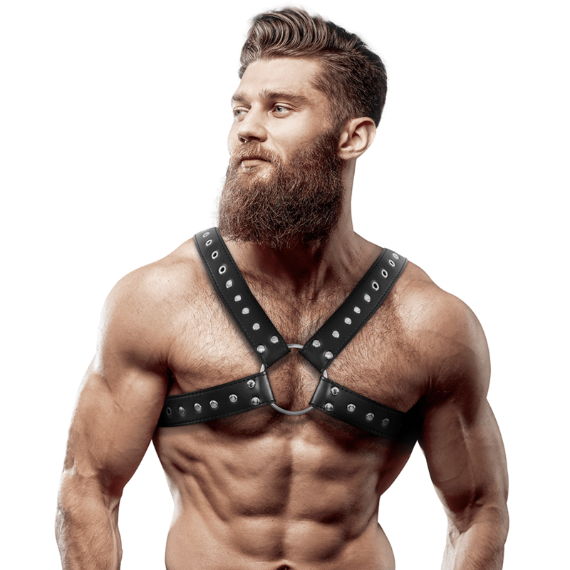 FETISH SUBMISSIVE ATTITUDE - MENS CROSS-OVER ECO-LEATHER CHEST HARNESS WITH STUDS