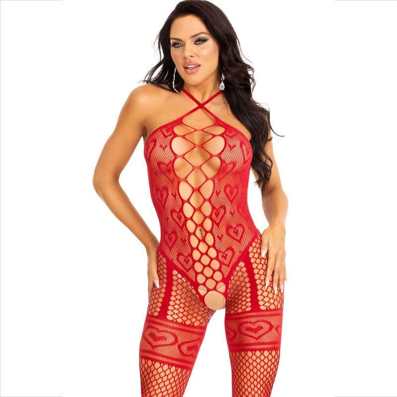 LEG AVENUE - BODYSTOCKING HALS HALTER RÖDA HJÄRTAN RÖD