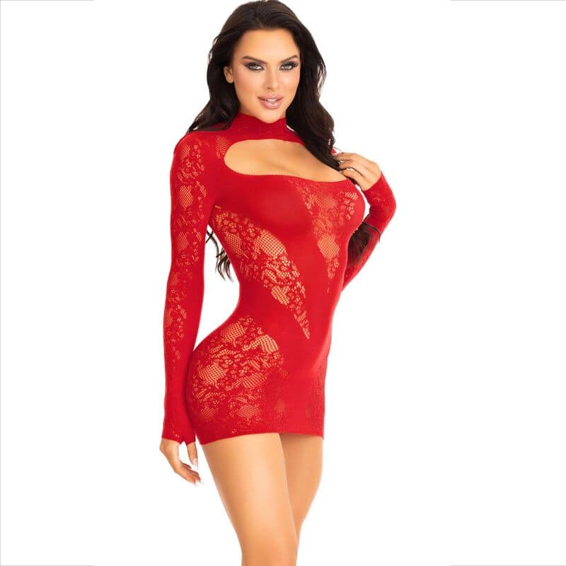 LEG AVENUE - MINI DRESS WITH LACE LONG SLEEVE RED - Bild 2