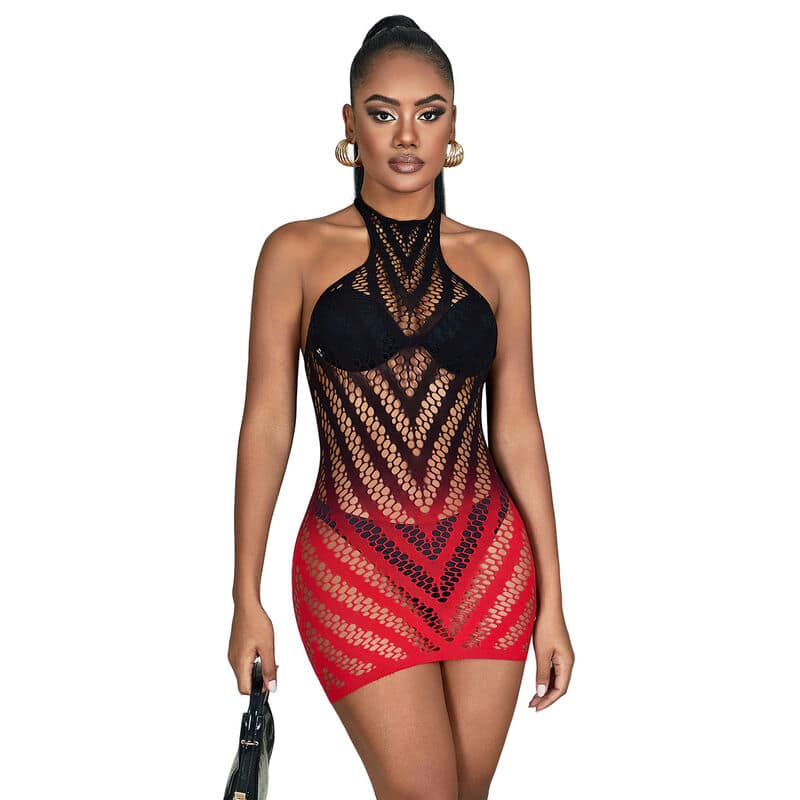 SUBBLIME - 952242 RED AND BLACK DEGRADED ELASTIC FISHNET DRESS ONE SIZE - Image 3
