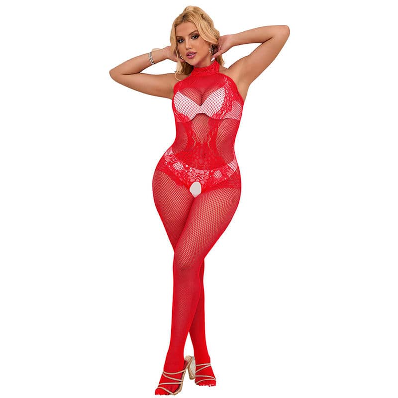 SUBBLIME - 952372 FISHNET AND LACE CROTCHLESS BODYSTOCKING WITH HIGH NECK RED ONE SIZE - Image 3