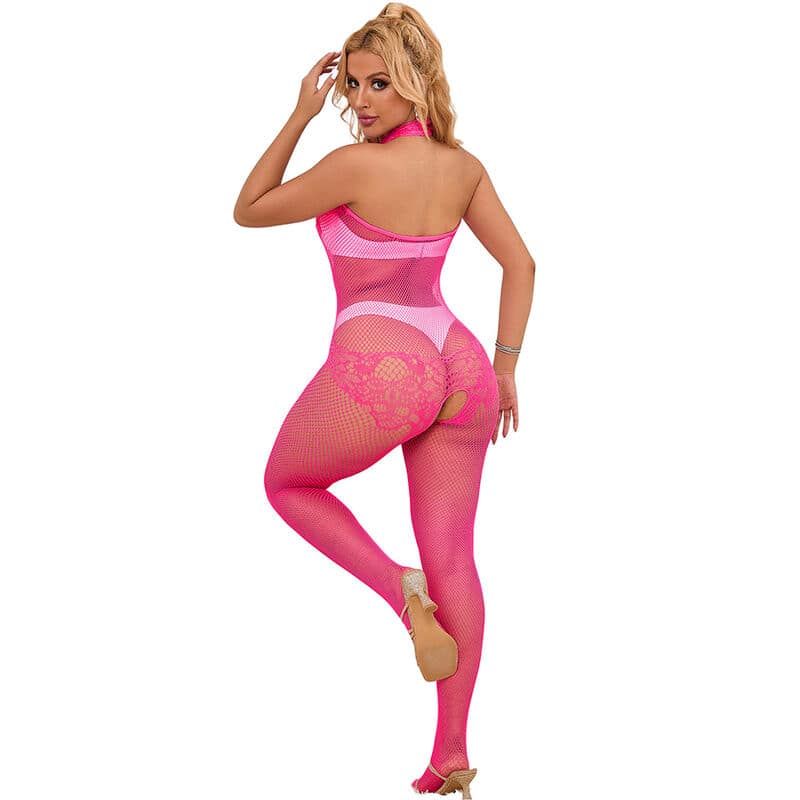 SUBBLIME - 952389 FISHNET AND LACE CROTCHLESS BODYSTOCKING WITH HIGH NECK PINK ONE SIZE - Image 2