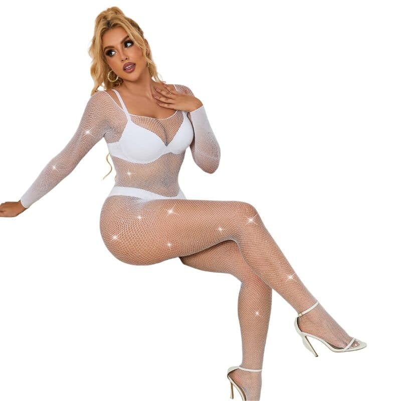 SUBBLIME - 952396 FISHNET BODYSTOCKING WITH DIAMONDS LONG SLEEVE WHITE ONE SIZE - Image 3