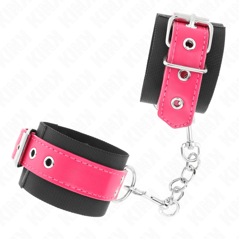 KINK - NYLON WRIST RESTRAINTS BLACK WITH LEATHERETTE BELT RASPBERRY ROSE ADJUSTABLE 19-29 CM X 5.1 CM - Bild 2