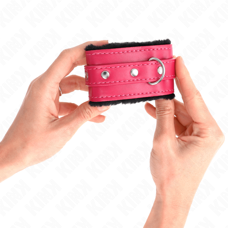 KINK - PREMIUM FUR LINED WRIST RESTRAINTS BLACK WITH RASPBERRY ROSE BELT ADJUSTABLE 17-29 CM X 6 CM - Image 3