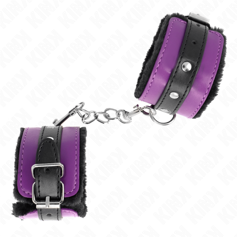 KINK - PREMIUM FUR LINED WRIST RESTRAINTS BLACK WITH PURPLE / BLACK BELT ADJUSTABLE 17-29 CM X 6 CM - Image 2