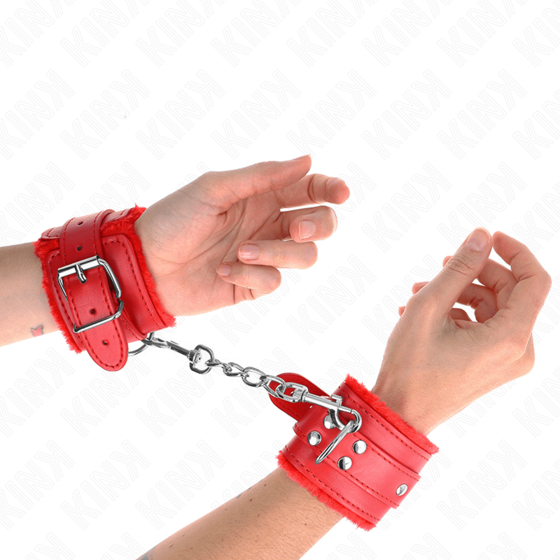 KINK - FUR LINED WRIST RESTRAINTS RED WITH RED BELT ADJUSTABLE 17-29 CM X 6 CM - Bild 3