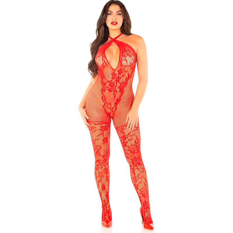 LEG AVENUE - BODYSTOCKING I MESH MED BLOMMÖNSTER RÖD EN STORLEK