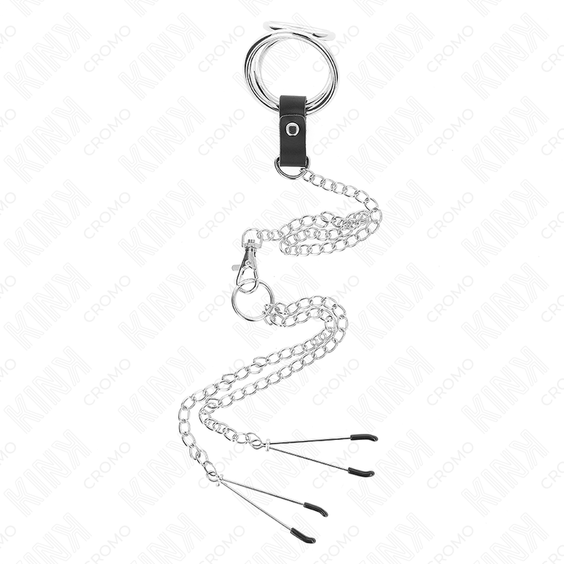 KINK - TRIPLE CHROME METAL PENIS RING 3 CM TO 4.5 CM WITH 26 CM METAL CHAIN AND NIPPLE CLIPS - Image 3