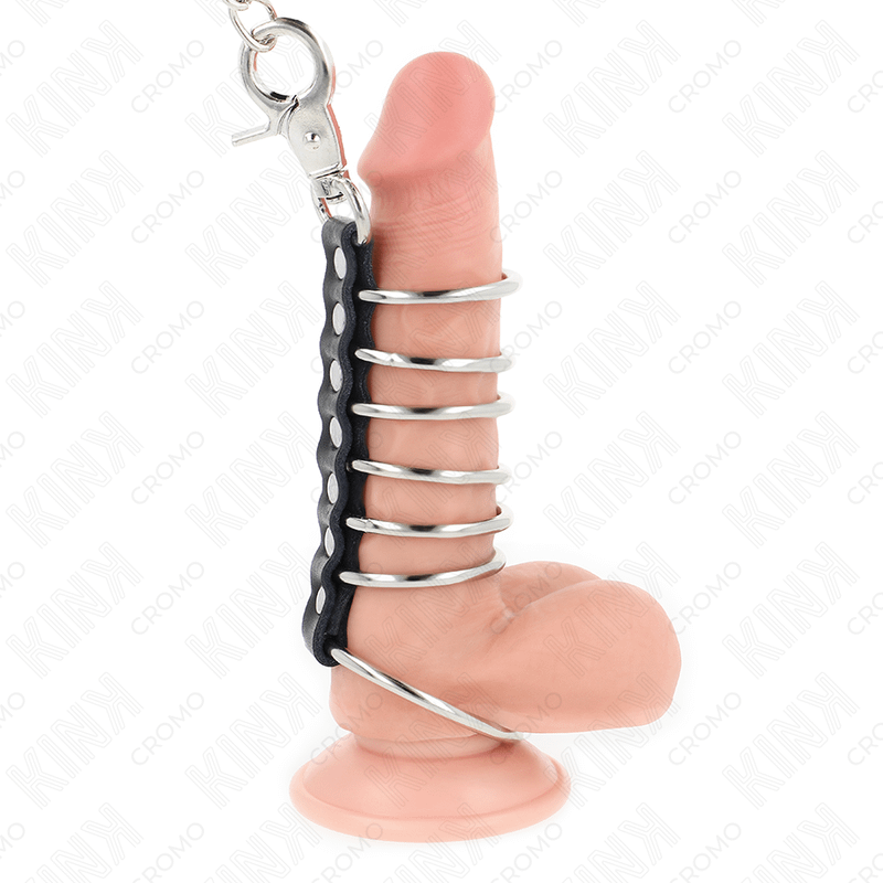 KINK - 7 METAL PENIS RINGS 3.8 CM TO 5 CM CONNECTED WITH LEATHER AND METAL CHAIN 100 CM - Bild 2