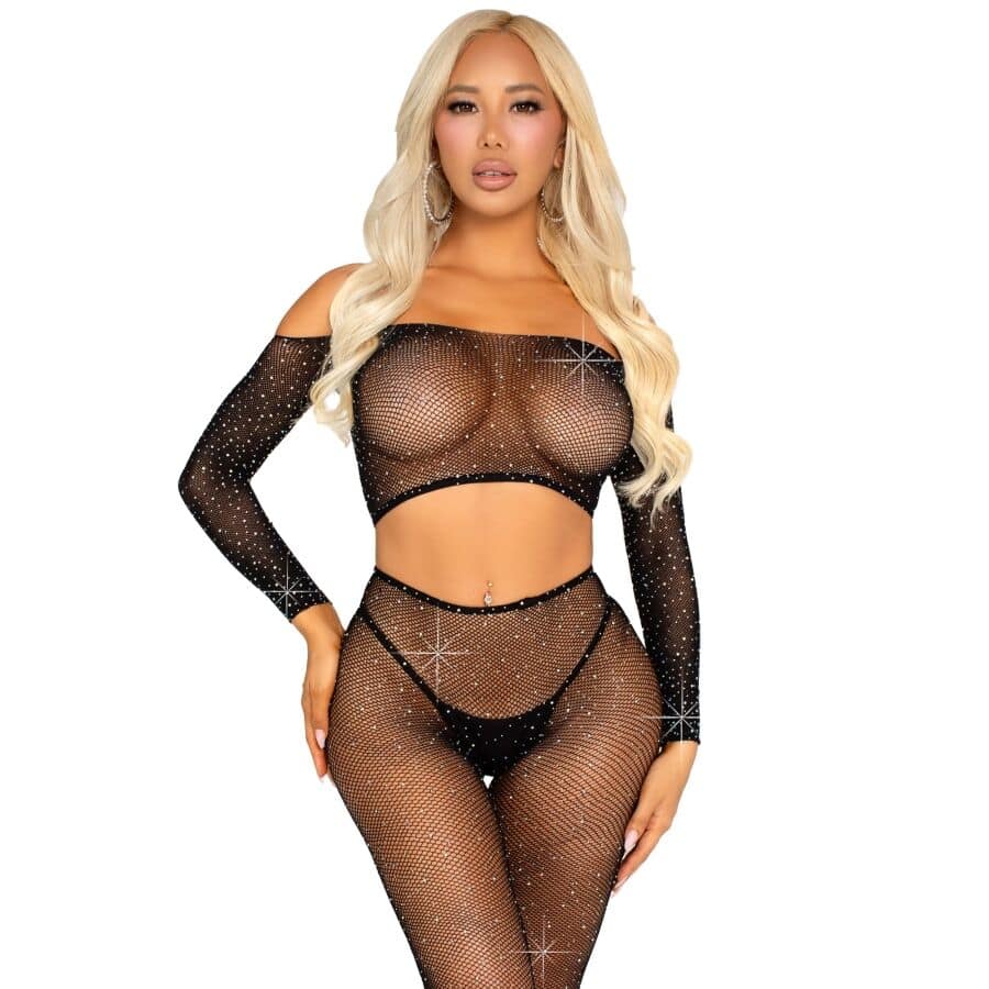 LEG AVENUE - CROP TOP AND FISHNET LEGGING WITH RHINESTONES BLACK