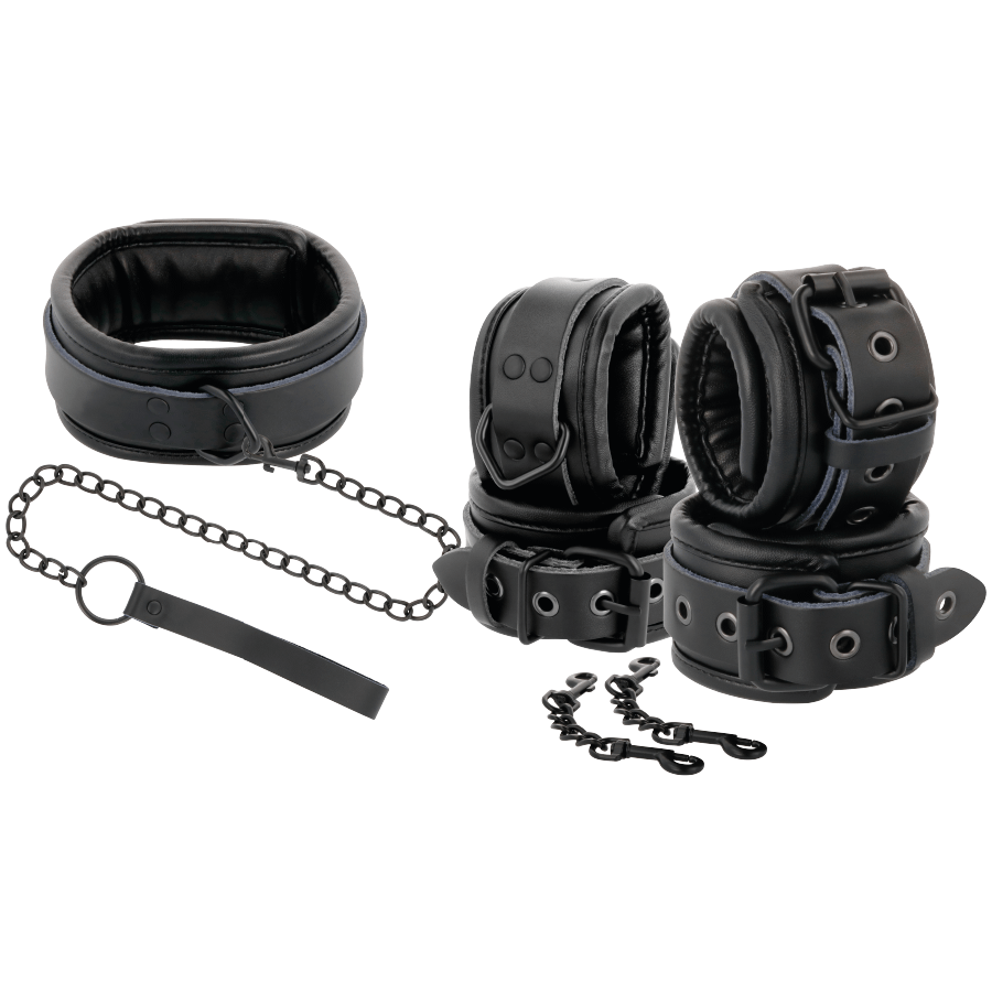 DARKNESS - BLACK LEATHER HANDCUFFS AND COLLAR - Image 2